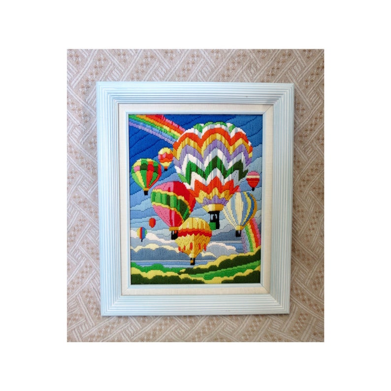 Vintage Hot Air Balloon Crewel Picture Framed Wall Hanging Colorful Rainbow Art 80s Home Decor image 1