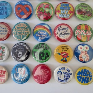 Vintage Style Pinback Buttons - 60s 70s 80s Novelty Pins - Reproduction ...