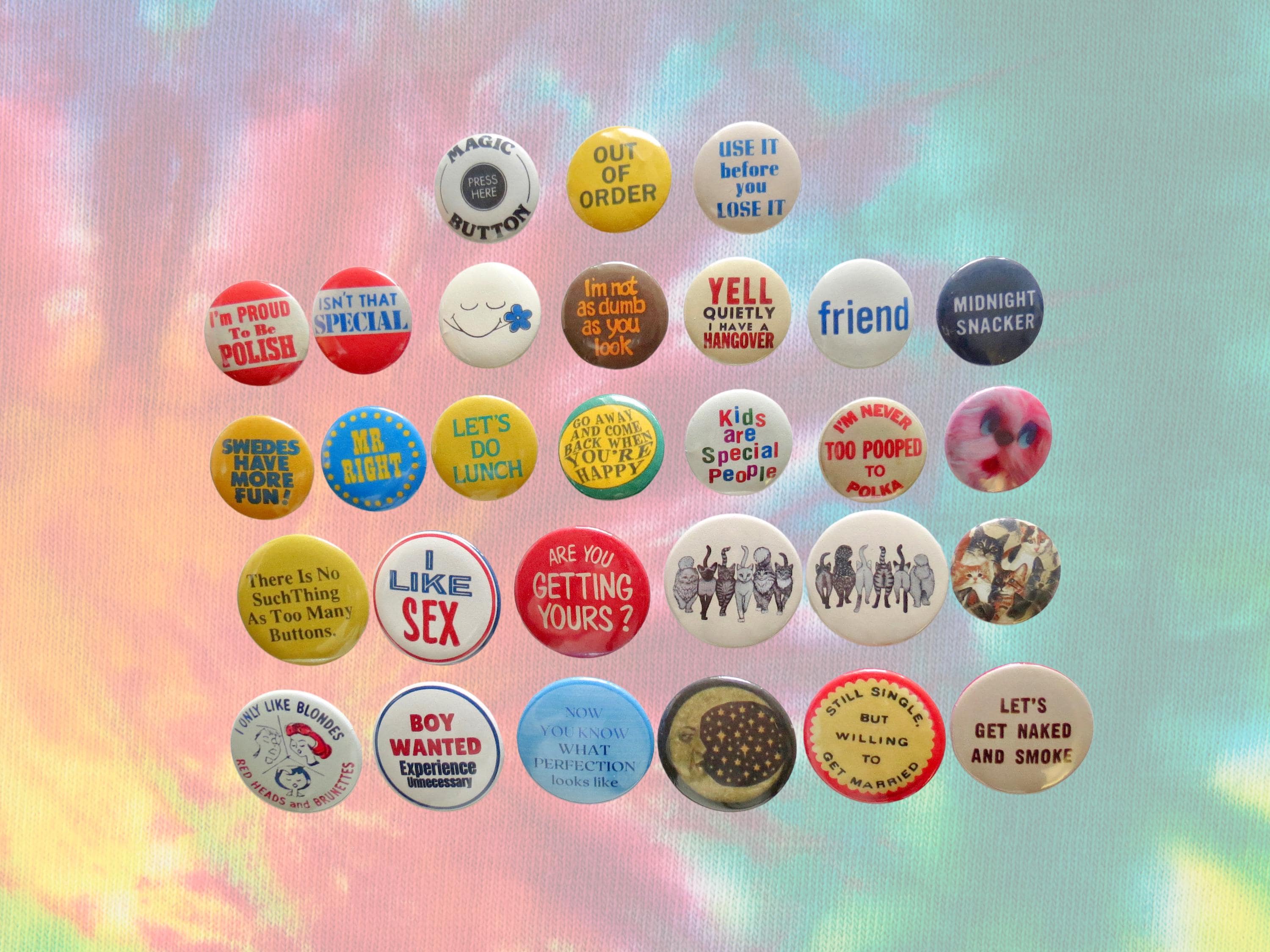 Vintage Style Pinback Buttons -  60s 70s 80s Misc. Novelty Pins - Reproduction Retro Pin Button - 1" 1.25" 2.25" - Made to Order