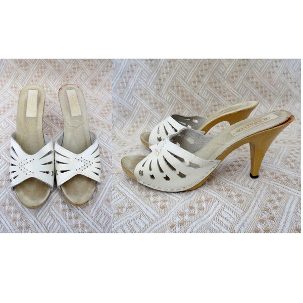 Vintage 70s Sandals - White Leather Platform Heels - Boho Hippie Slide Sandal - Size 9