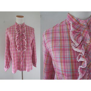 Vintage Western Blouse - Pink Plaid Ruffle Top - Long Sleeve Western Button Up Shirt - 70s 1970s - Size Small Medium