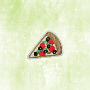 May include: Embroidered pizza slice patch featuring red tomatoes, black olives, and a brown crust. The patch has a white border and is set against a light green background. This patch is perfect for adding to clothing or accessories.