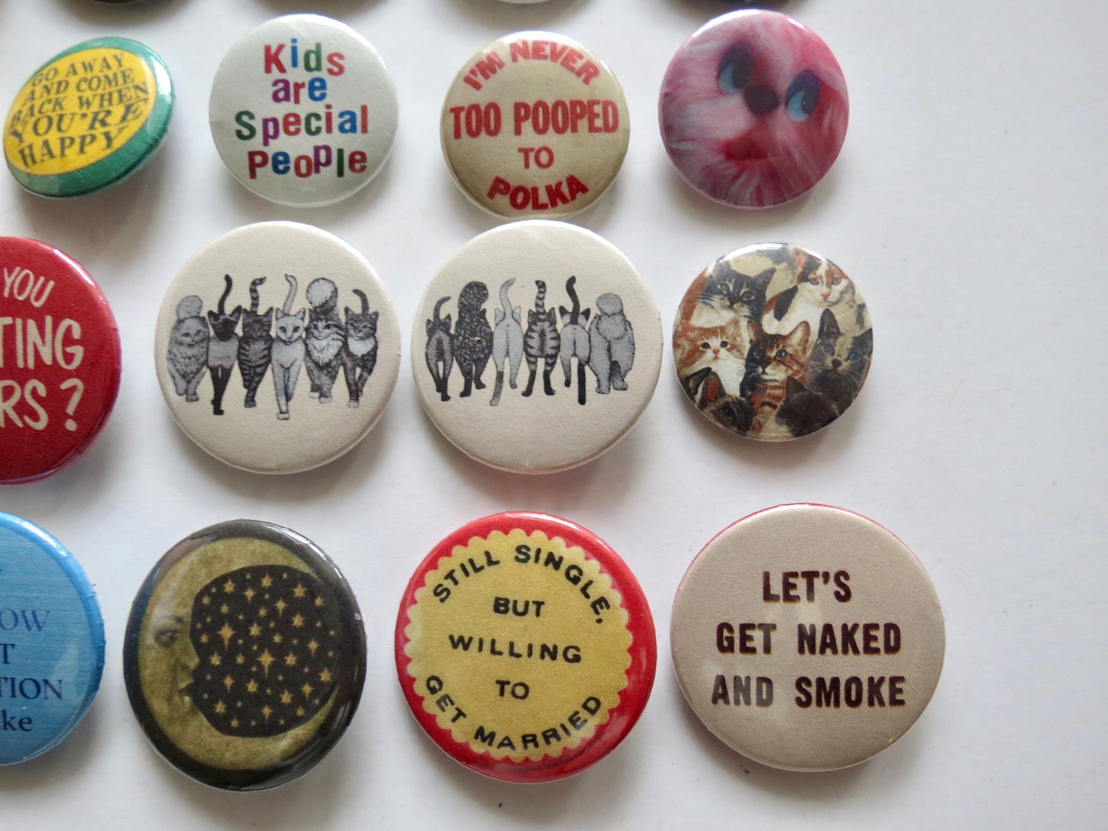 Vintage Style Pinback Buttons - 60s 70s 80s Novelty Pins - Reproduction ...