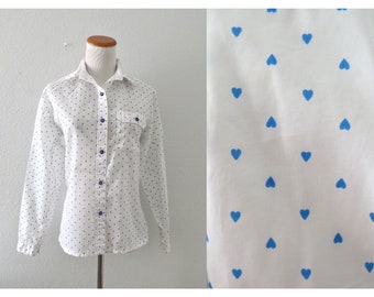 Vintage Heart Print Blouse - 70s Long Sleeve Top - Button Up Shirt - Valentine's Day Lovecore Kawaii - Size Small