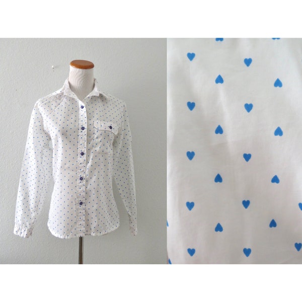 Vintage Heart Print Blouse - 70s Long Sleeve Top - Button Up Shirt - Valentine's Day Lovecore Kawaii - Size Small