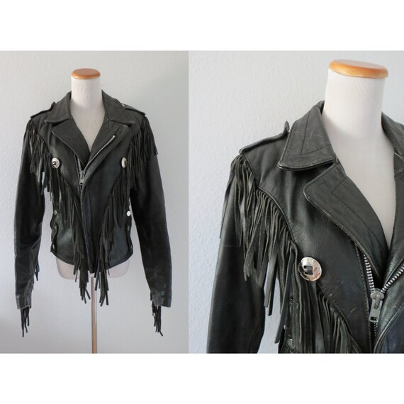 Motorcycle Jacket Black Leather Fringe Western Bik