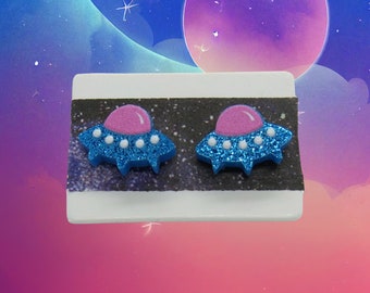 UFO Stud Earrings Alien Space Ship Jewelry Pastel Glitter Spaceship Stud Earring