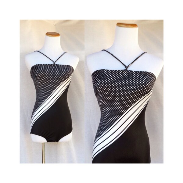 70's Bathing Suit Swimsuit Vintage One Piece Polka Dot Halter Bodysuit Leotard Stripe Black and White 80's Size 10 Large