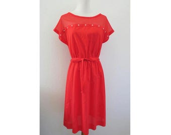 Vintage 80s Red Dress - Blouson Cap Sleeve Belted Casual Day Midi - Size Medium