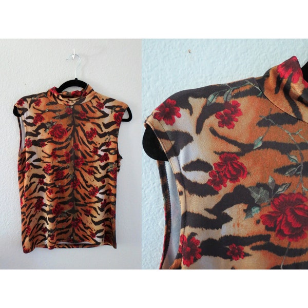 Vintage 90s Tiger Print Blouse Red Roses Sleeveless Top Stretchy Western Photo Print Size Large