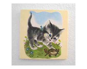 Vintage Cat Wall Hanging - Retro Inspired Kitten Wood Plaque