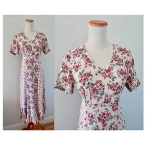 Vintage 90s Pink Floral Dress - Romantic Cottagecore Flower Print Midi by Starina - Size Small