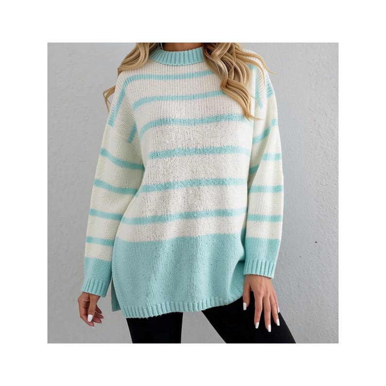 Vintage Striped Sweater - 80s Pastel Blue & White Oversized Pullover - Size Large image 1
