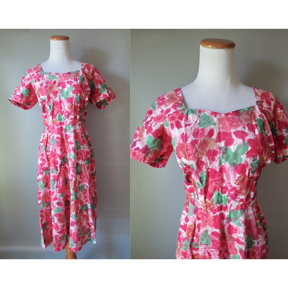 50s Floral Dress Pink Mid Century Dress