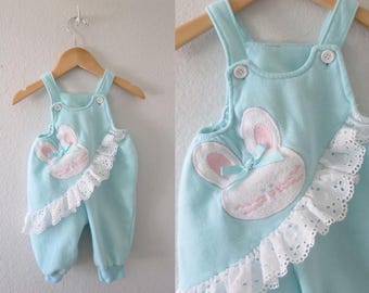 Vintage Baby Romper - Girl's Pastel Pink Bunny Easter Spring Outfit - Size 6 - 9 Months