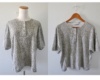 Vintage Leopard Print Top - 80s Boxy Fit Cropped Animal Print Blouse - Size Large
