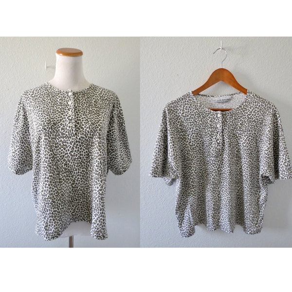 Vintage Leopard Print Top - 80s Boxy Fit Cropped Animal Print Blouse - Size Large