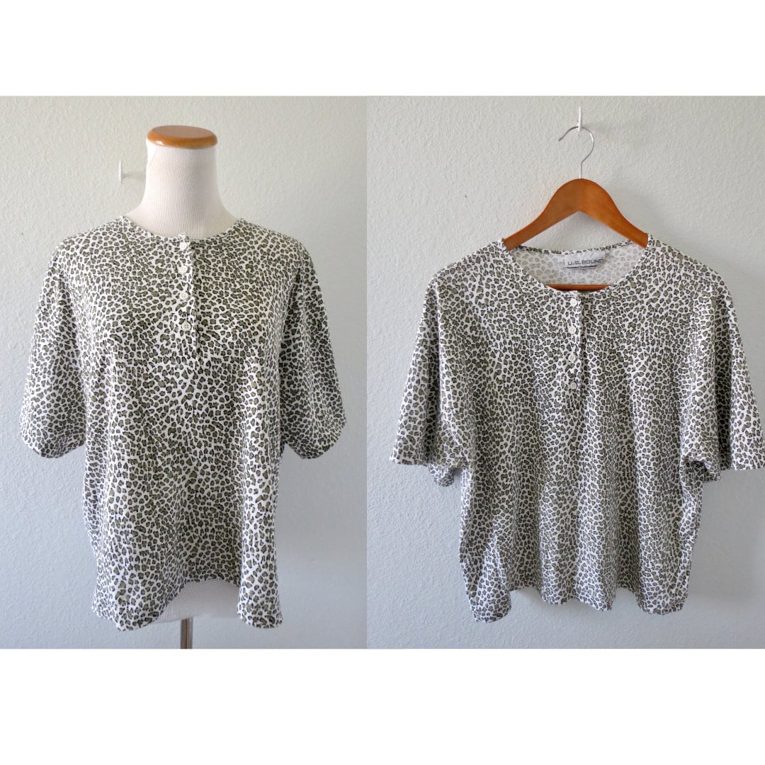 Vintage Leopard Print Top - 80s Boxy Fit Cropped Animal Print Blouse - Size Large 