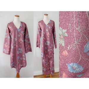 Vintage 60s 70s Mini Dress & Pants Set - Sparkly Pink Floral Print Lurex Hippie Boho Disco Outfit - Hostess Tunic and Flares - Medium Large