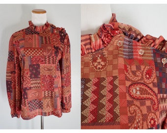 70s Paisley Print Blouse Vintage Hippie Boho Ruffled Collar Long Sleeve Top 1970s Bohemian Burnt Orange Size Small S