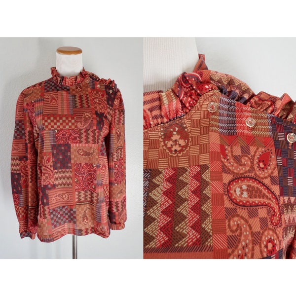 70s Paisley Print Blouse Vintage Hippie Boho Ruffled Collar Long Sleeve Top 1970s Bohemian Burnt Orange Size Small S