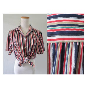 Vintage Women&#39;s Rainbow Striped Blouse - Button Up Short Sleeve Colorful Stripe Top - Size XL