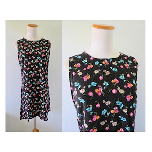 Vintage 90s Floral Mini Dress - Black Flower Print Rayon Sleeveless Summer Sundress - Size Medium