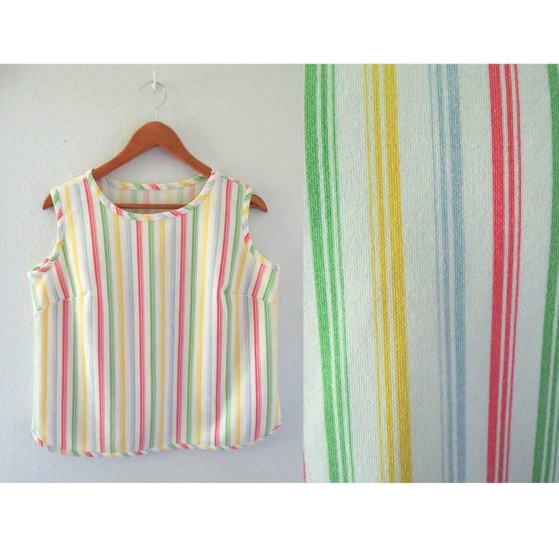 Vintage Rainbow Striped Tank Top 60s Sleeveless Blouse Size Large image 1