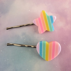 Pastel Rainbow Hair Clips Kawaii Hearts Stars