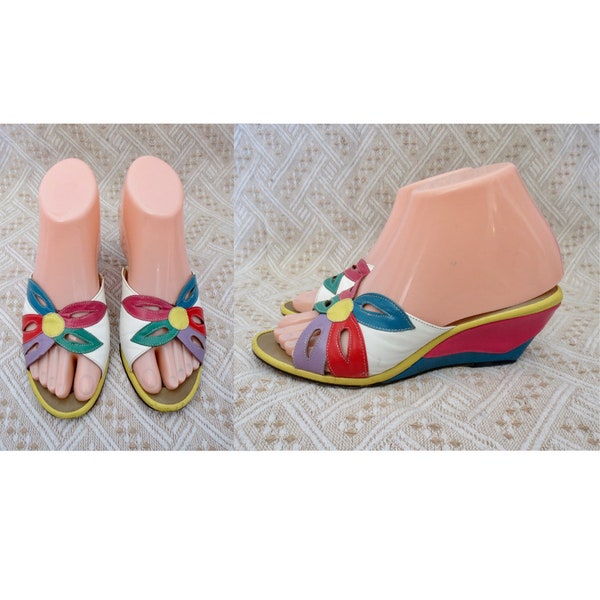 Vintage Wedge Sandals - Rainbow Multicolored Leather - 80s Colorful Heels - Size 6.5