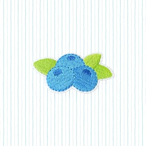 May include: An embroidered patch featuring three round blue blueberries clustered together with two bright green leaves on either side. The design is outlined in white thread and set against a background of thin vertical light blue stripes.