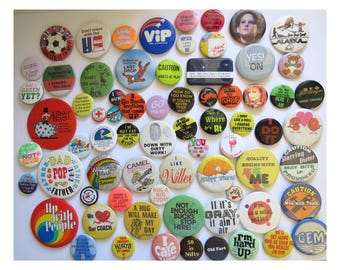 Vintage Pinback Button Collection: 1960s-90s Political, Comedy