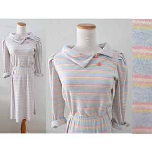 Vintage Pastel Rainbow Striped Dress 80s Knit Midi Candy Colors - Size Small