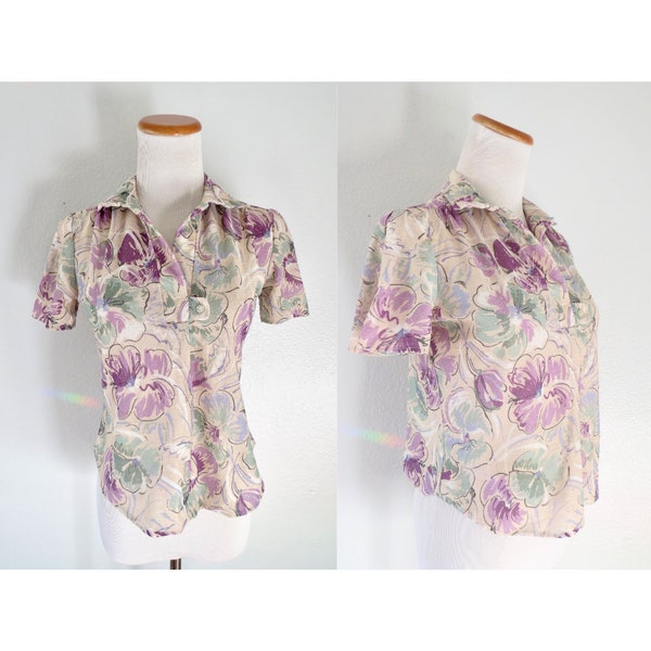 Vintage Sheer Floral Blouse - 70s Boho Hippie Cropped Top - Size Small