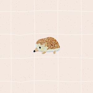 May include: Embroidered patch of a hedgehog with brown and tan quills, a white face, and small black eyes and nose. The patch is on a light pink background with a grid pattern.