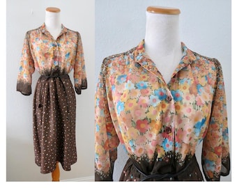 Vintage 70s Dress - Sheer Floral Brown Boho Midi - Size Large