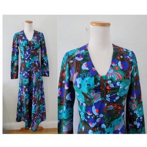 Vintage 60s Groovy Dress - Abstract Op Art Maxi Dress - Long Sleeve 1960s Psychedelic Print Dress - Size Small Medium