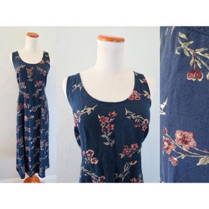 Vintage 90s Floral Dress - Blue Sleeveless Sundress - Rayon Midi Flower Print Romantic Cottagecore Bohemian - Size Medium