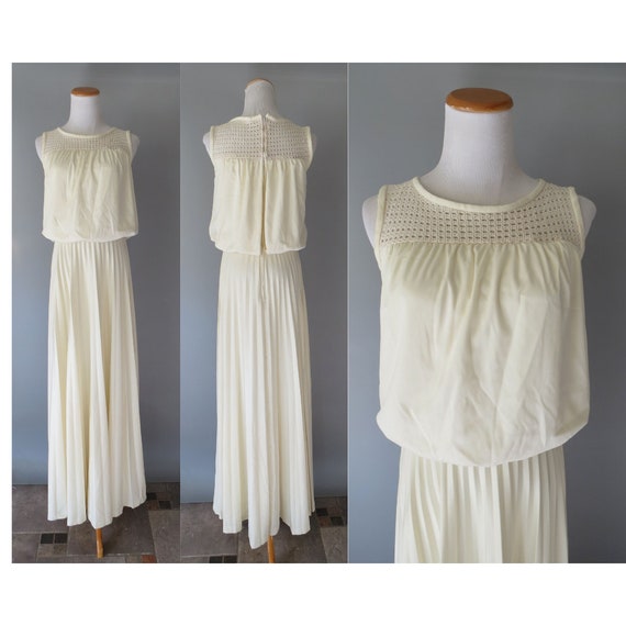 70s Wedding Dress Crochet Cream Maxi - image 1