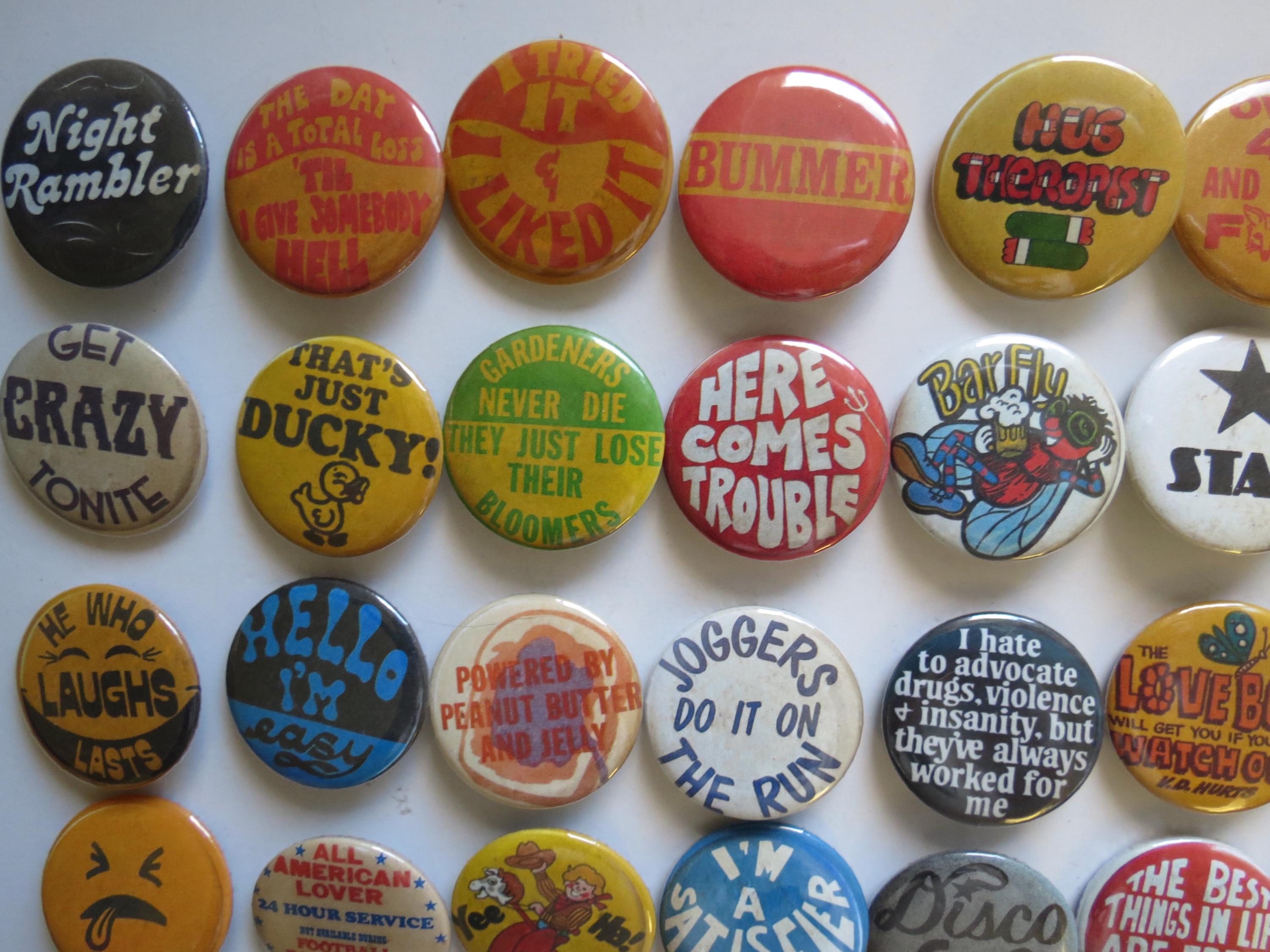 Vintage Style Pinback Buttons - 60s 70s 80s Novelty Pins - You Choose ...