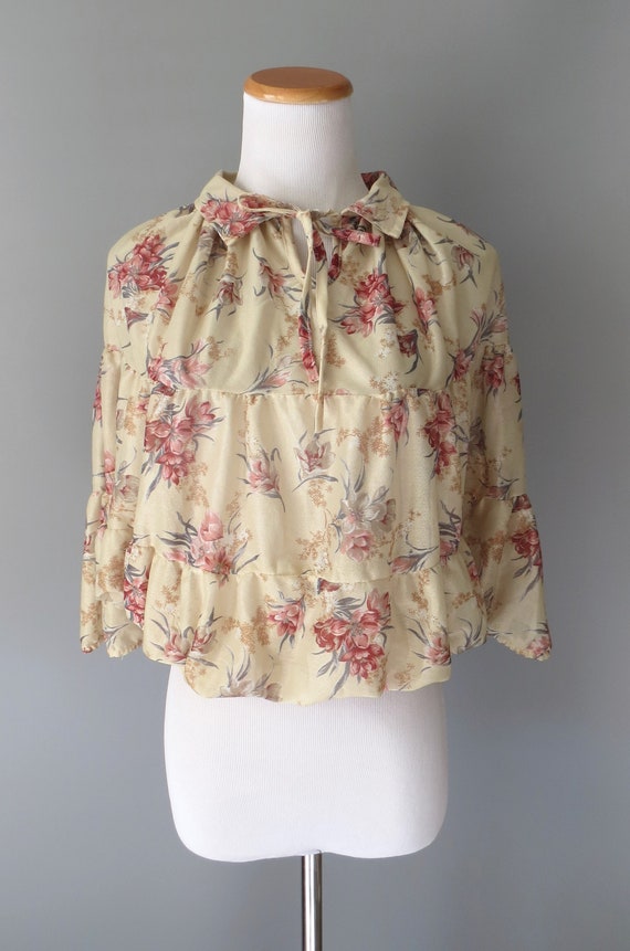 70s Floral Blouse Hippie Boho Cropped Summer Top - image 3