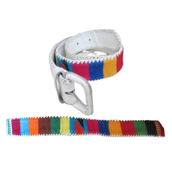 Vintage handmade Guatemala Peru woven rug fabric colorful rainbow belt 90s Vintage Guatemala Fabric Belt Hippy Boho Rainbow XL USA  main image 3