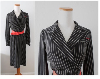 Vintage 80s Striped Midi Dress Black & White Long Sleeve Secretary Dress - Size Small