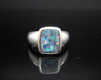 Vintage Sterling Silver Thick Band Crushed Opal Inlay 925 - Size 8