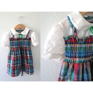 Vintage Girls Dress - Toddler Girl Plaid Collared Dress - Retro Smocked Dress - Size 2T