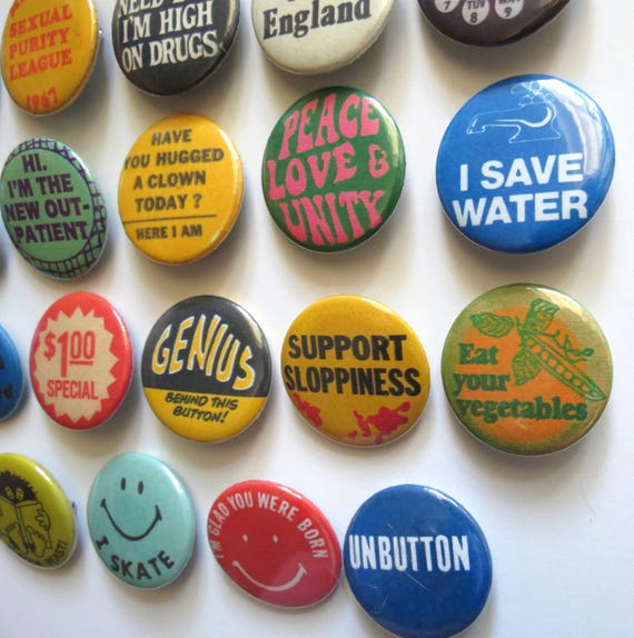 Vintage Style Pinback Buttons - 60s 70s 80s Novelty Pins