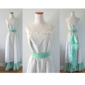 70s Party Dress Maxi Formal Prom White Eyelet Lace Pastel Mint Green Small