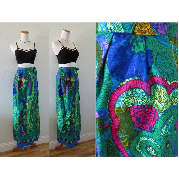 Vintage 60s Maxi Skirt - Groovy Psychedelic Mod Floral Print - High Waisted Wrap Style - Size Medium 28" Waist