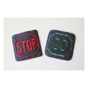 Vintage 70s Patches - Stop and Go Embroidered Patch Set - Groovy Hippie Iron On Appliques