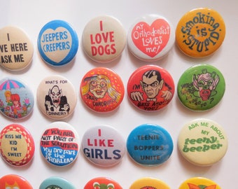 Vintage Style Pinback Buttons - 60s 70s 80s Novelty Pins
